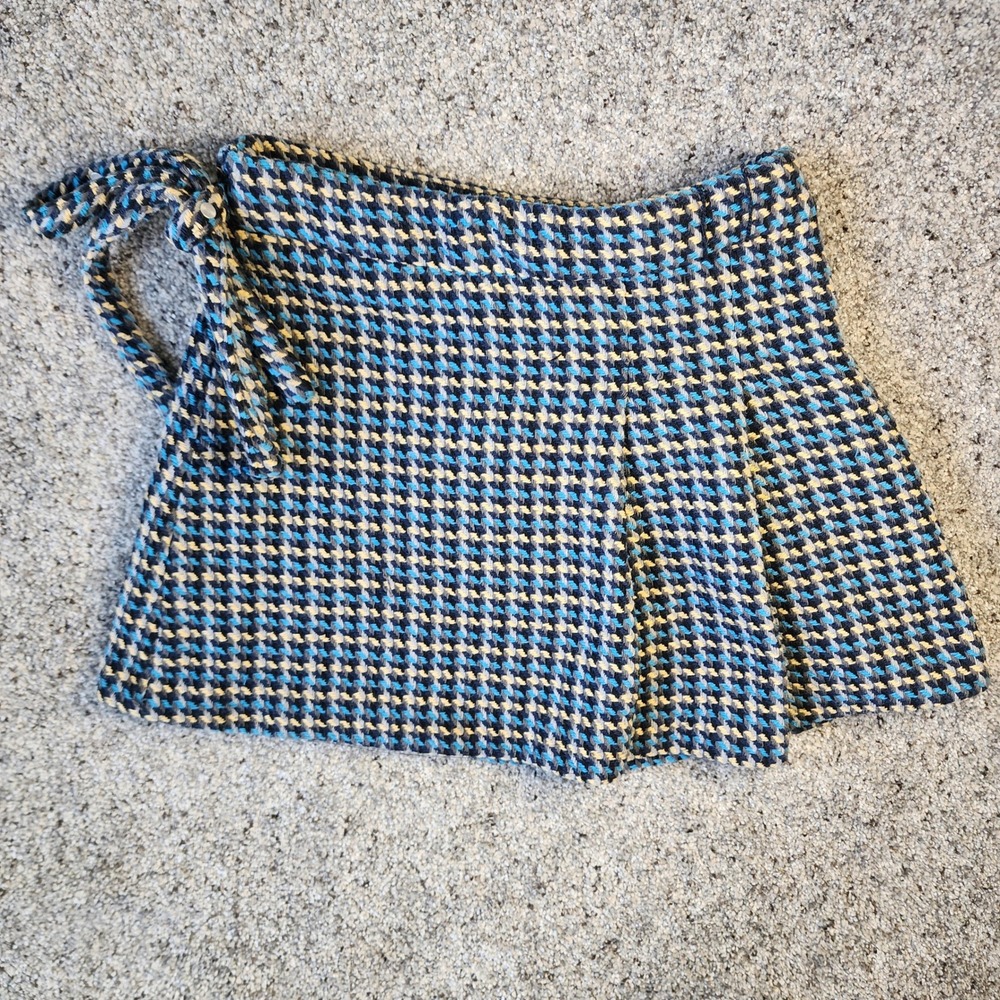 Zara Tweed Wrap Skirt Girls 13-14 Blue Houndstooth Side Tie Excellent